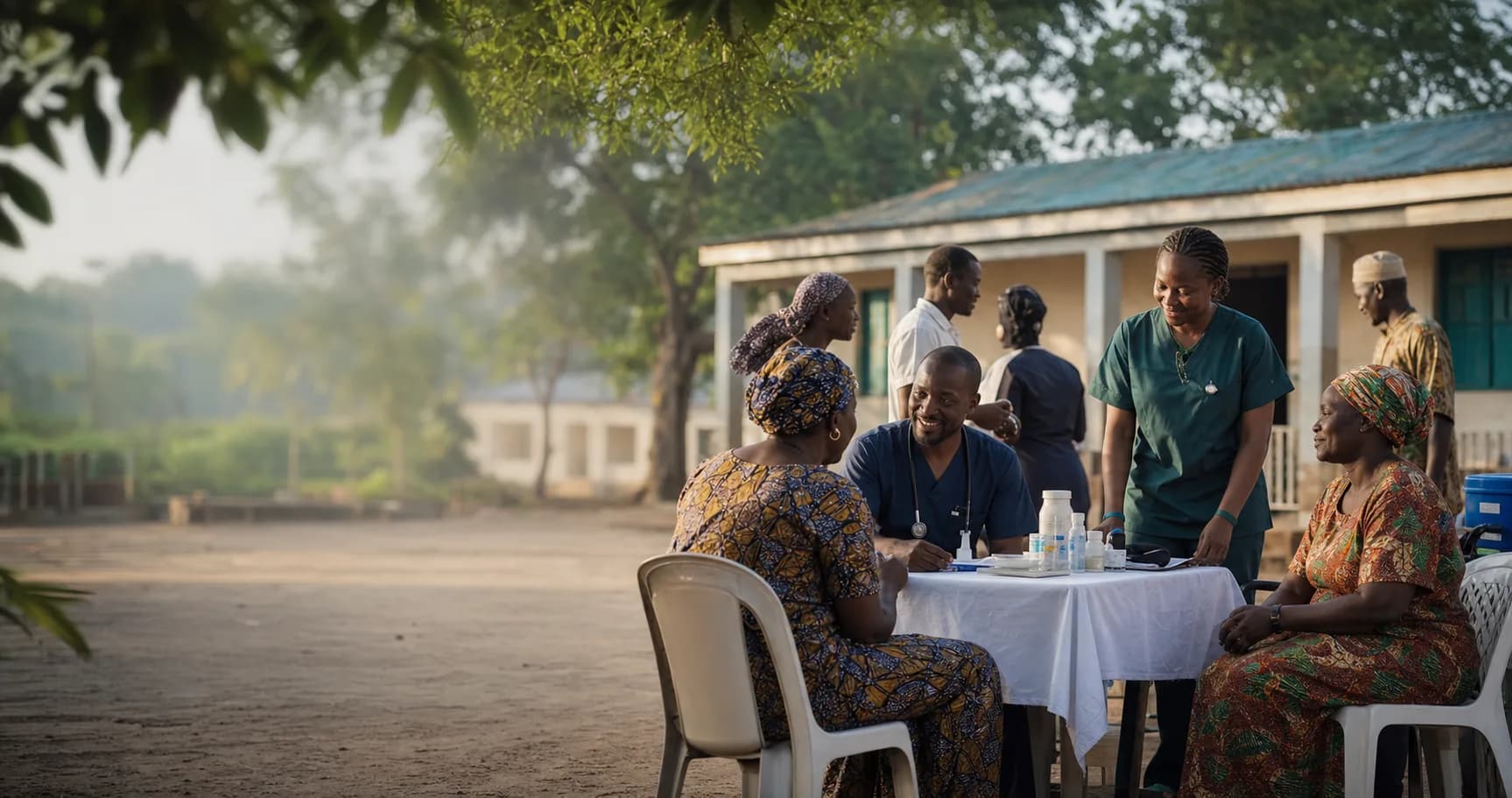Community healthcare outreach in Nigeria with healthcare workers and residents gathered in conversation